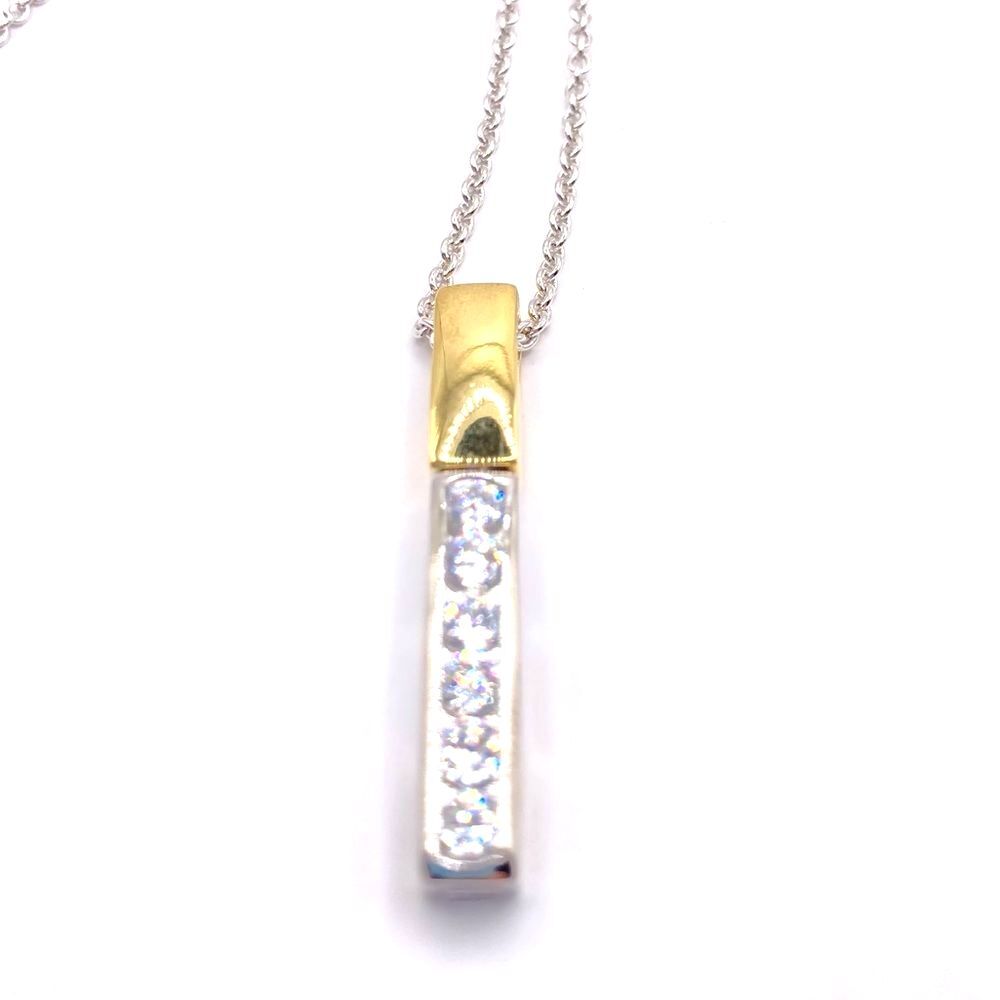 Silver and Gold Mixed Metal Rhinestone Bar Pendant Necklace - Picture 3 of 4